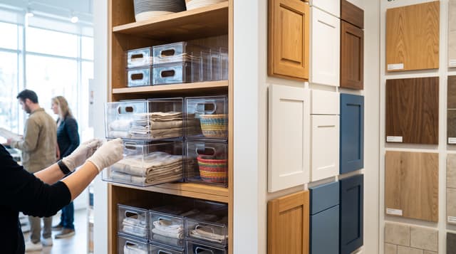 Clear storage organizers on one wall and kitchen cabinet and flooring samples on the adjacent wall in the same showroom