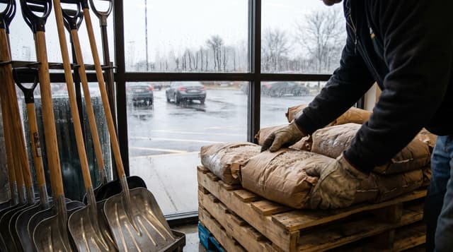 A hardware store employee restocking bagged rock salt and snow shovels beside a rain-streaked storefront window