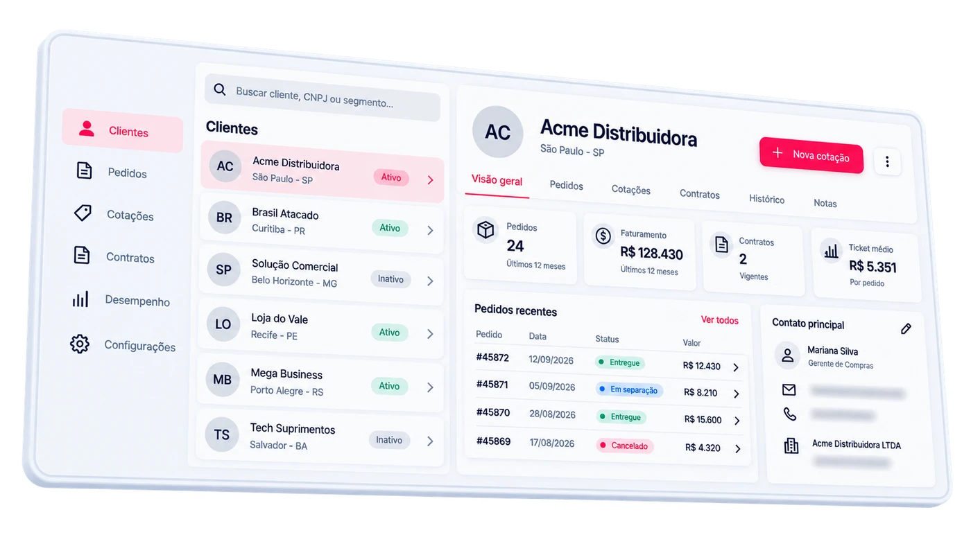 Tela do vendedor com a conta Acme Distribuidora aberta, mostrando pedidos recentes e contato principal