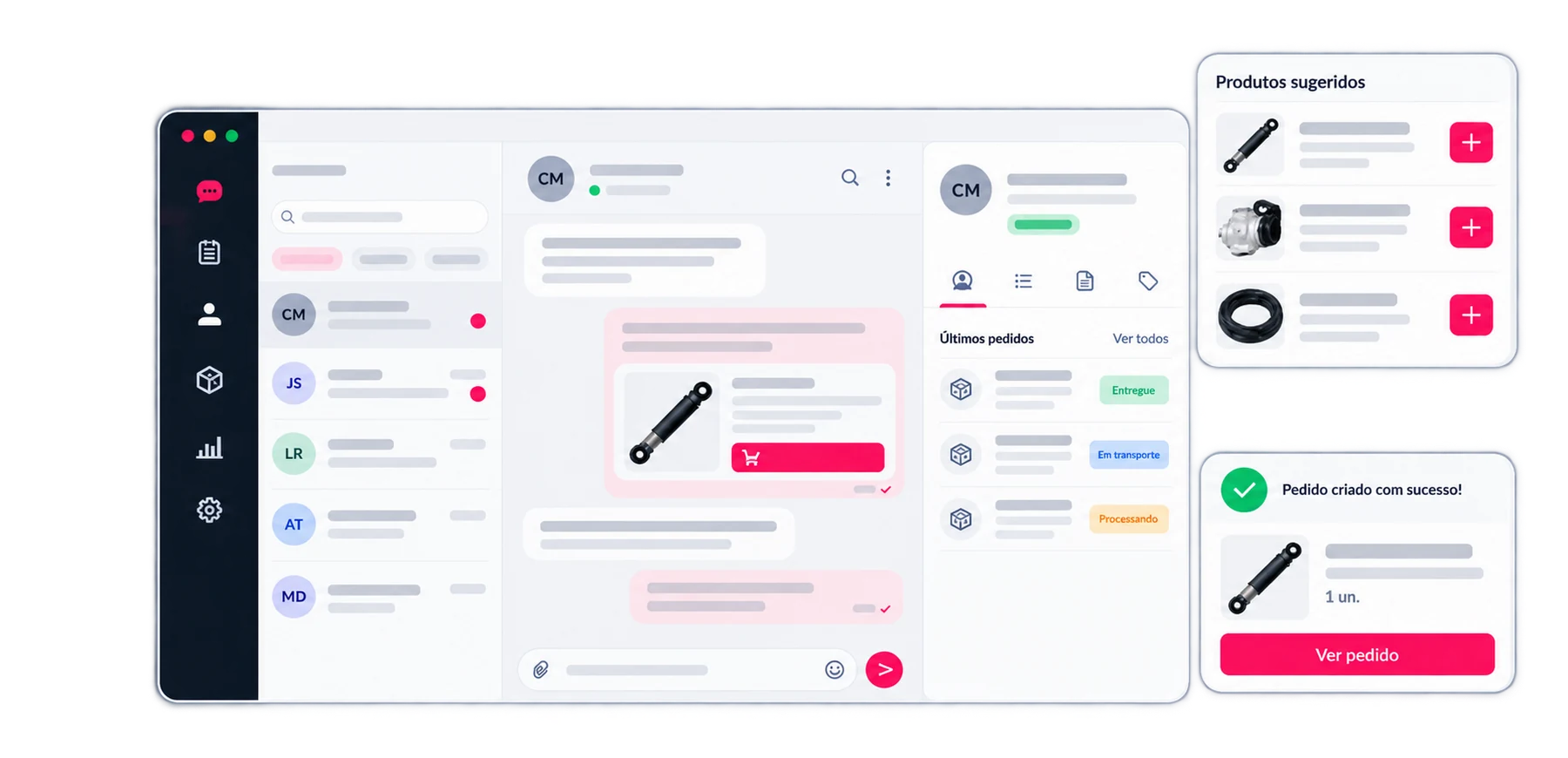 Interface de atendimento com histórico de conversa, últimos pedidos e produtos sugeridos, mostrando um pedido criado com sucesso a partir da conversa com o comprador.