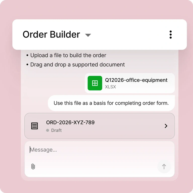 Order Builder: monte um pedido a partir do upload de uma planilha, com a IA estruturando os itens automaticamente.