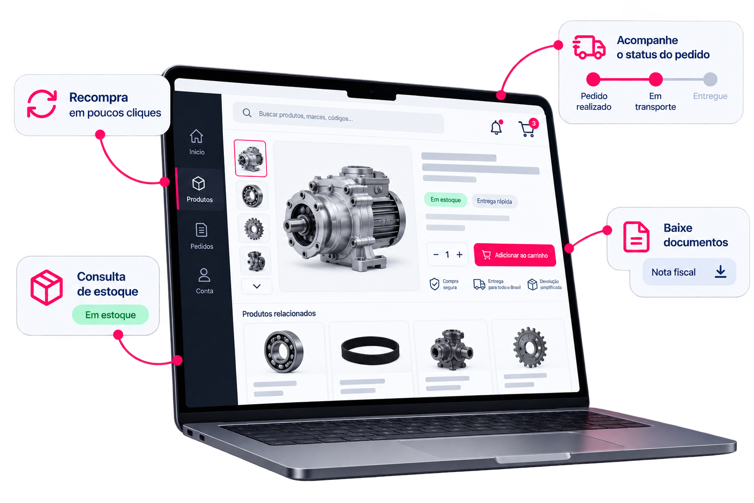 Tela do autoatendimento VTEX mostrando recompra, consulta de estoque, status do pedido e download de documentos