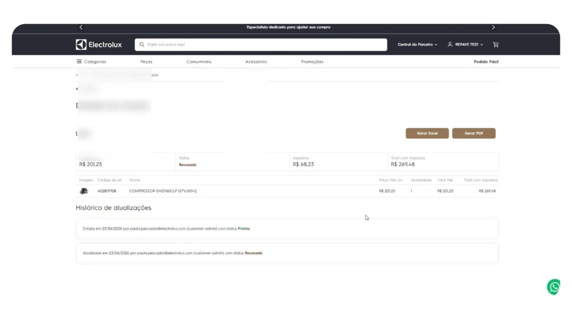 Busca por peças compatíveis no portal Compra Parceiros da Electrolux
