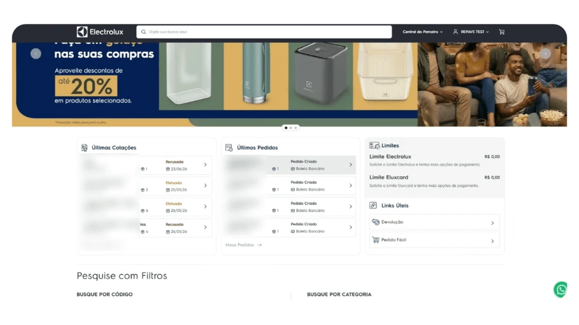 Visão de gestão de pedidos e faturamento no portal Compra Parceiros da Electrolux