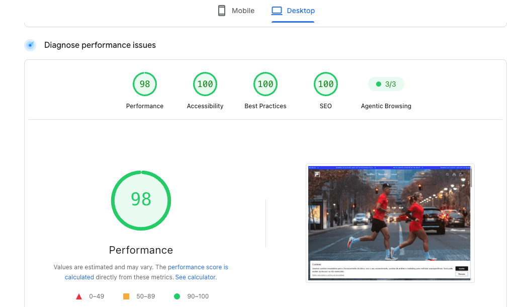 Notas do Lighthouse para o novo storefront