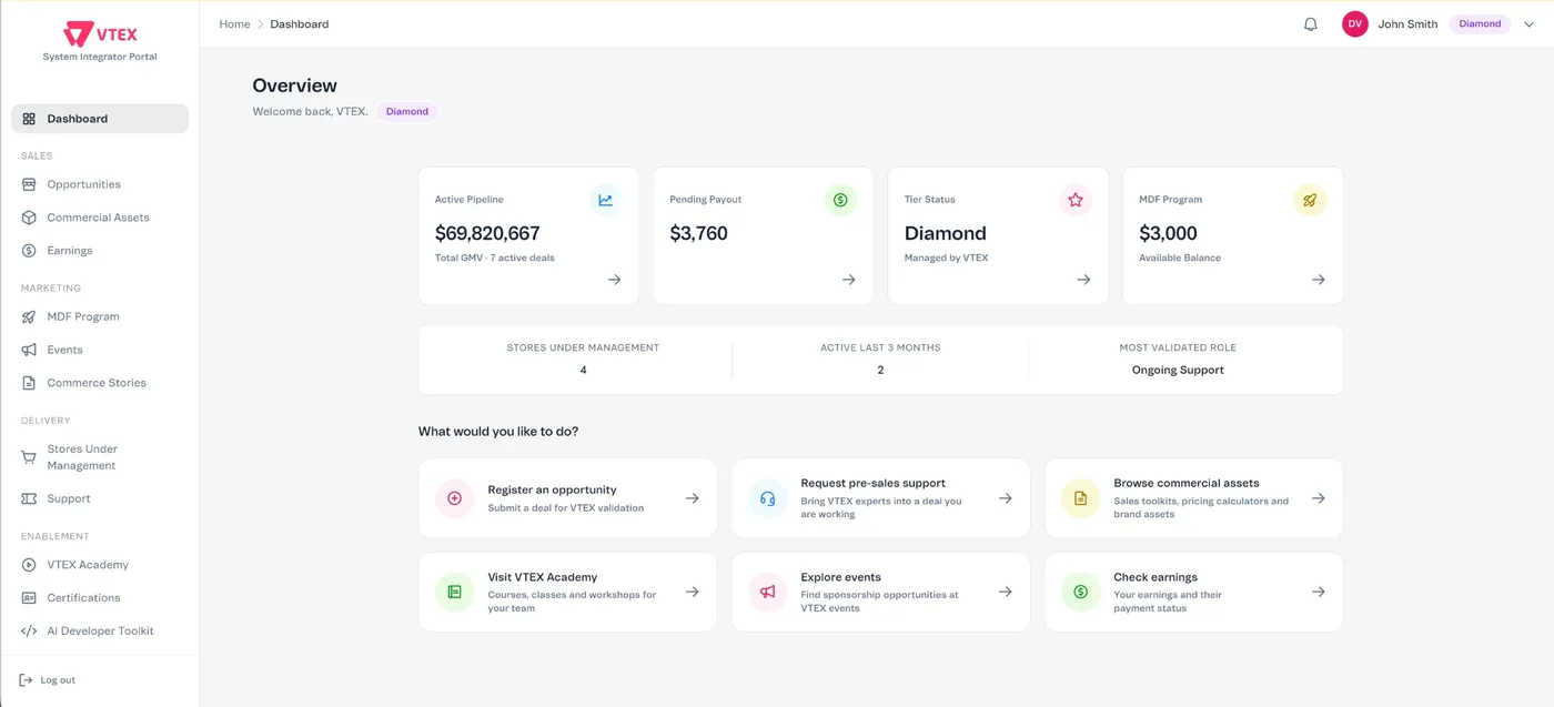 VTEX System Integrator Portal dashboard