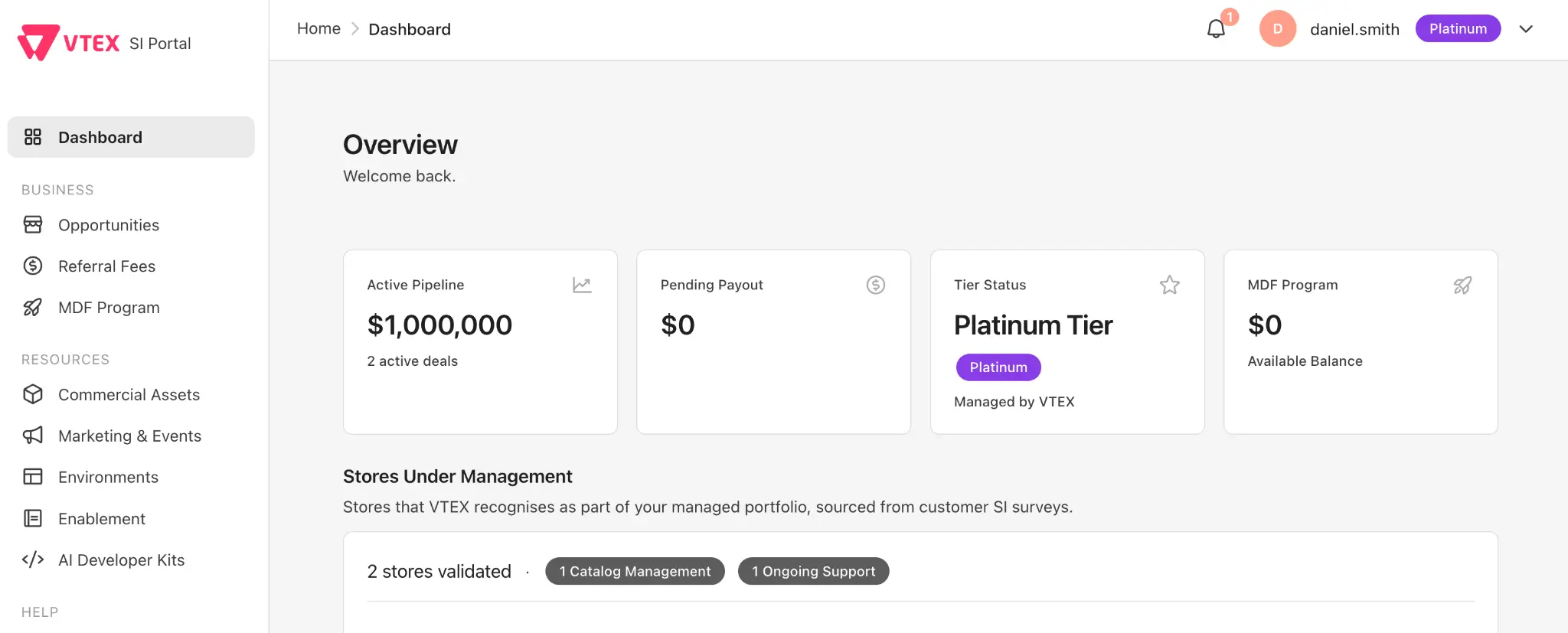 VTEX SI Portal dashboard showing pipeline overview, tier status, and stores under management