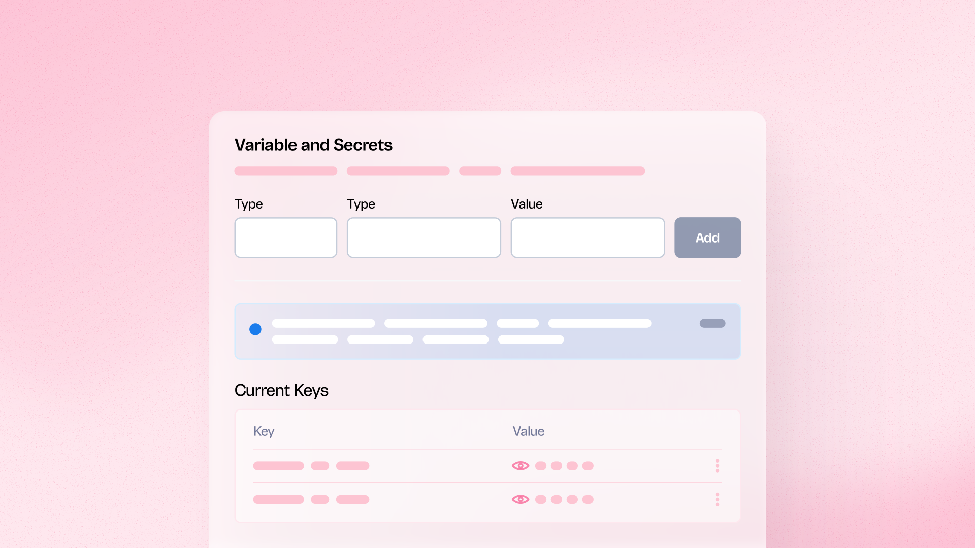 FastStore WebOps admin panel showing the Variables and Secrets section with Current Keys table listing key-value pairs with masked values and access controls.
