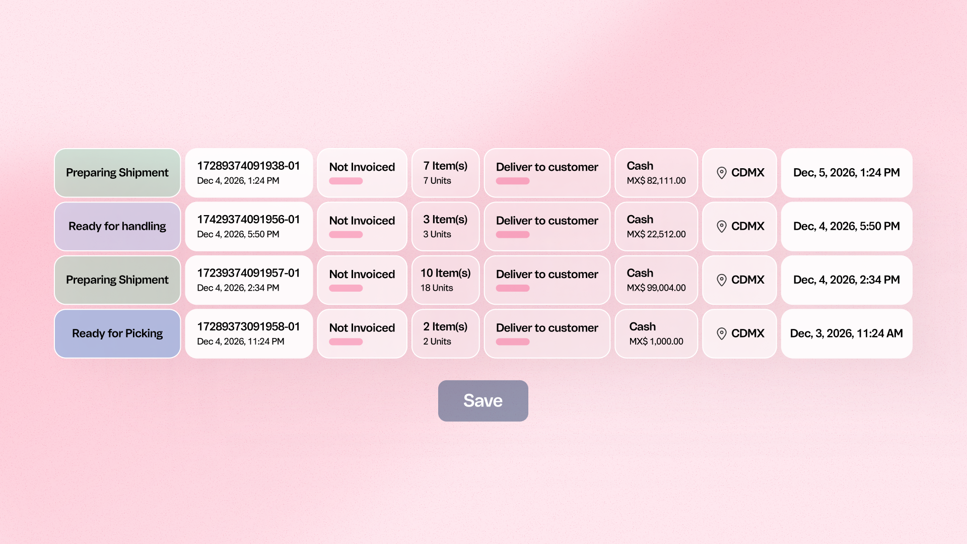 Pick and Pack order list showing orders in Preparing Shipment, Ready for Handling, and Ready for Picking statuses with Not Invoiced labels, item counts, delivery method, payment and location details.